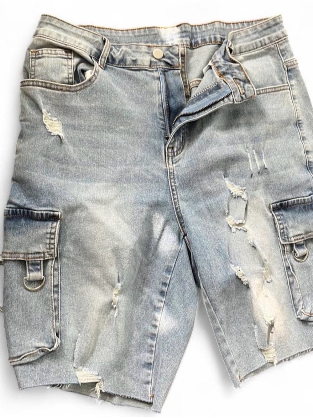 Women Light Blue Distressed Denim Cargo Shorts
